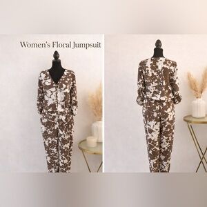 NWT - NY&C Floral Jumpsuit Medium Brown Cream V-Neck Long Sleeve